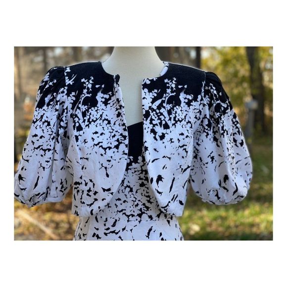 Vintage 1980s Wiggle Dress Set Bolero Black White Abstract New Wave Sz S Cotton - Picture 14 of 16